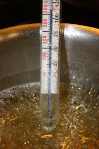 Heating sugar mixture up to "softball" stage"