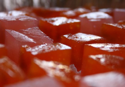 Cut Llokume, ready to be buried in powdered sugar.