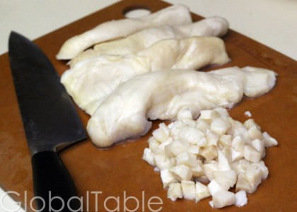 Frozen conch meat comes clean and ready to dice.