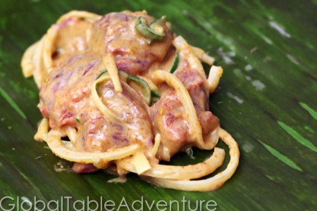 Goat in Banana Leaves with Spicy Peanut Sauce