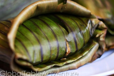 Goat in Banana Leaves with Spicy Peanut Sauce