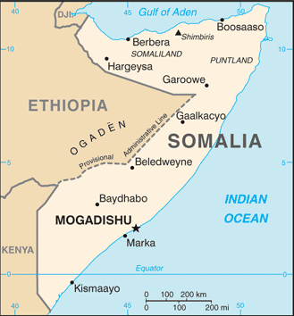 Map of Somalia courtesy of the CIA World Factbook.