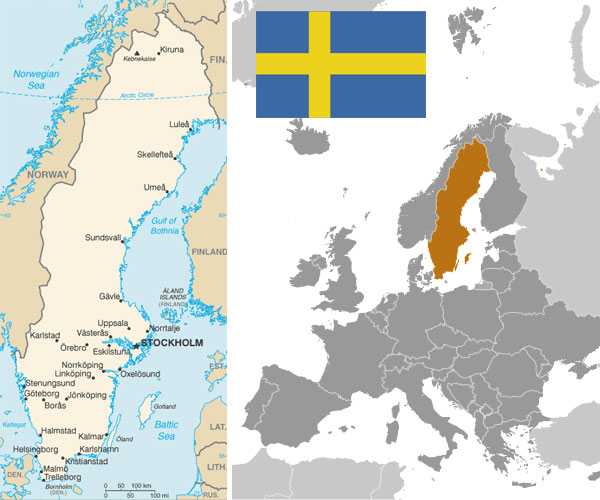 Swedish Maps and flag, courtesy of the CIA World Factbook.