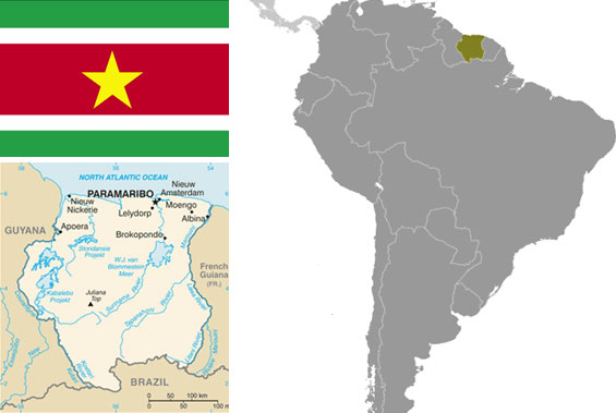 Maps and flag of Suriname courtesy of the CIA World Factbook.