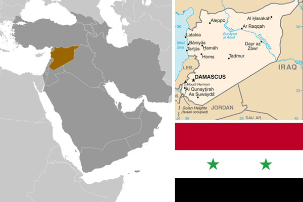 Syrian maps and flag, courtesy of CIA World Factbook.