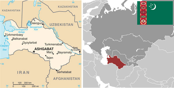 Maps and flag of Turkmenistan courtesy of the CIA World Factbook.