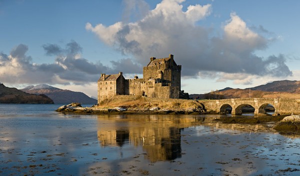 Eilean Donan Castle, as viewed from the south-east at sunrise. Photo by DAVID ILIFF. License: CC-BY-SA 3.0