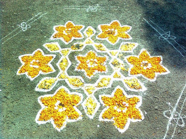 Sankranti Muggu with flowers at Nizampet, Rangareddy district. Photo by Adityamadhav83.