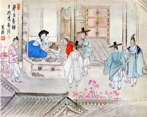 "Holding a drinking party" (transliteration:Jusa geobae) from Hyewon pungsokdo by 19th-century Korean painter, Hyewon. Original stored at Gansong Art Museum in Seoul, South Korea.