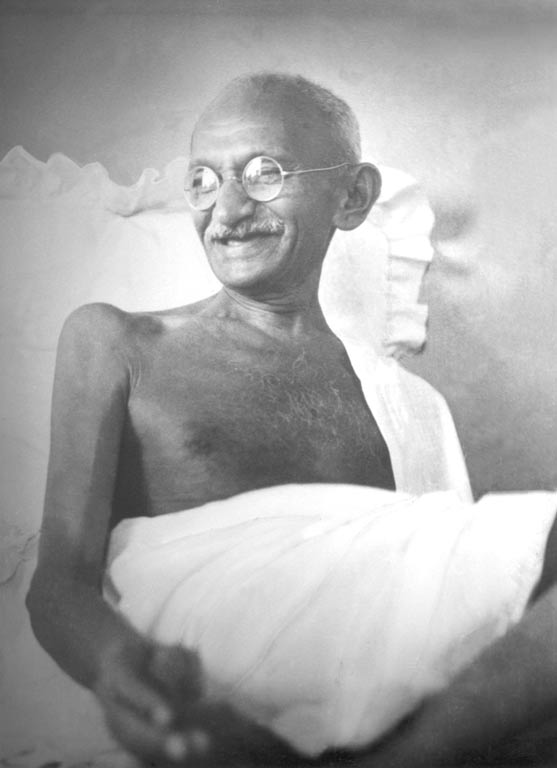 Gandhi smiling at Birla House, Mumbai, August 1942. (Photographer unknown).