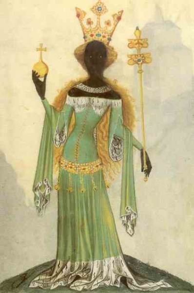 The Queen of Sheba from medieval manuscript «Bellifortis» by Conrad Kyeser (c. 1405), Prague school.