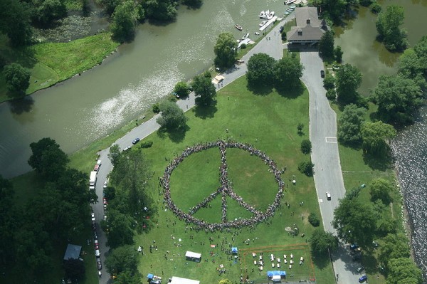 6,000 members of the Ithaca community form the world's largest human peace sign. Photo by Rebecca Eschler.