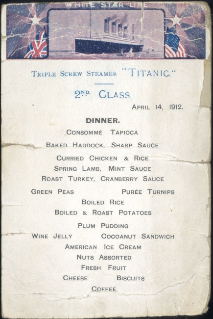 Sample 2nd Class menu from the Titanic.