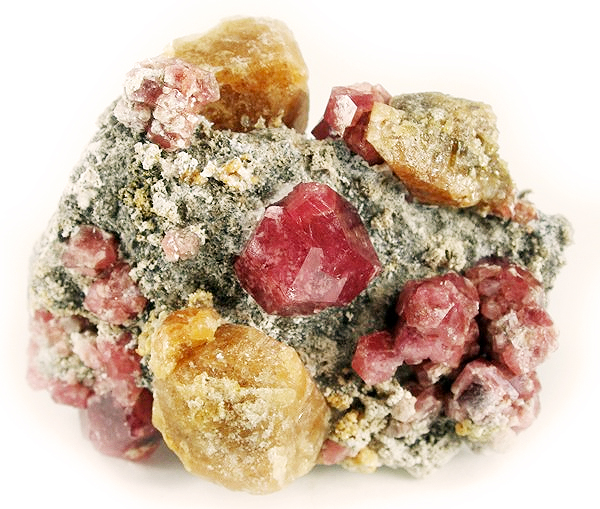 A beautiful, 1.4 cm, translucent, raspberry-red, compound grossular garnet is very aesthetically set on the matrix plate and is surrounded by smaller garnets and lustrous, translucent, tannish-yellow vesuvianite crystals on this fine piece from the mid-1990s finds at the well-known Lake Jaco deposit of Mexico. Classic combination material from the Robert Whitmore Collection # 3832.