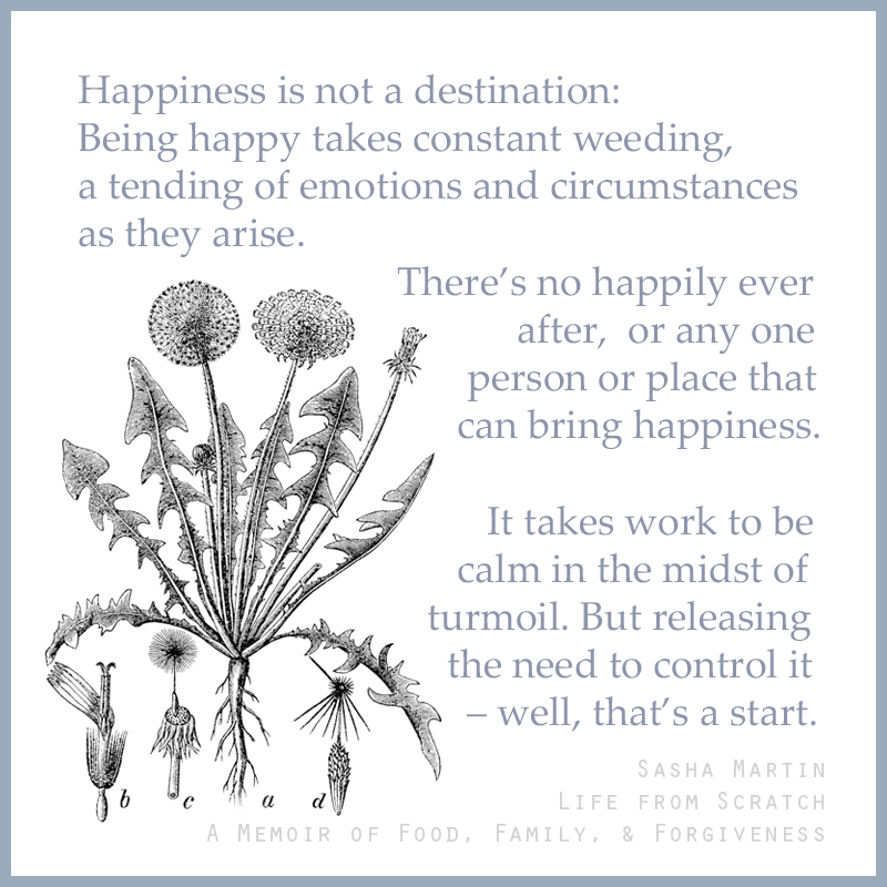 "Happiness is not a destination: Being happy takes constant weeding, a tending of emotions and circumstances as they arise. There’s no happily ever after, or any one person or place that can bring happiness. It takes work to be calm in the midst of turmoil. But releasing the need to control it – well, that’s a start." - Excerpt of 'Life from Scratch: A Memoir of Food, Family, and Forgiveness'' by Sasha Martin.